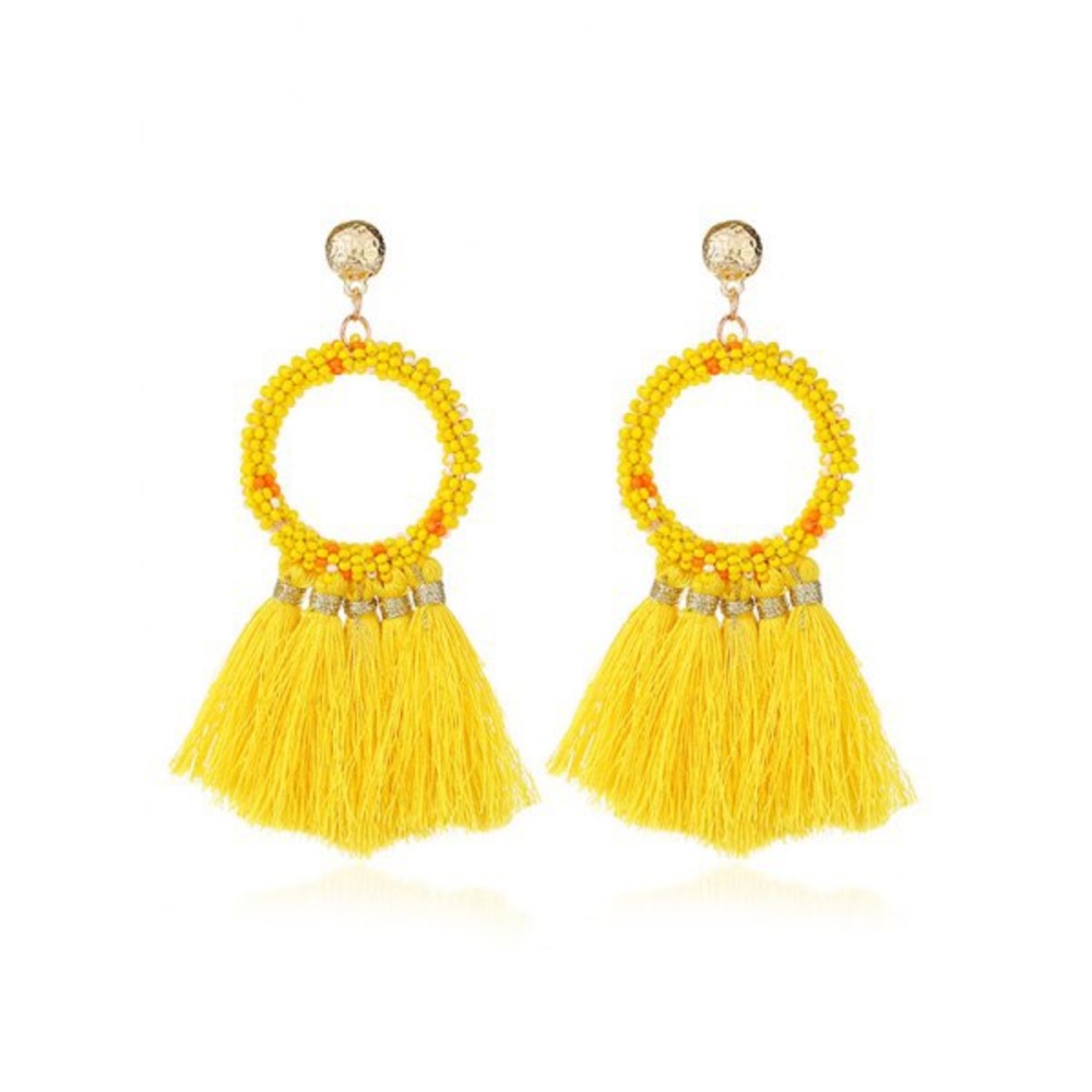Beaded yellow hoop earrings with fringe